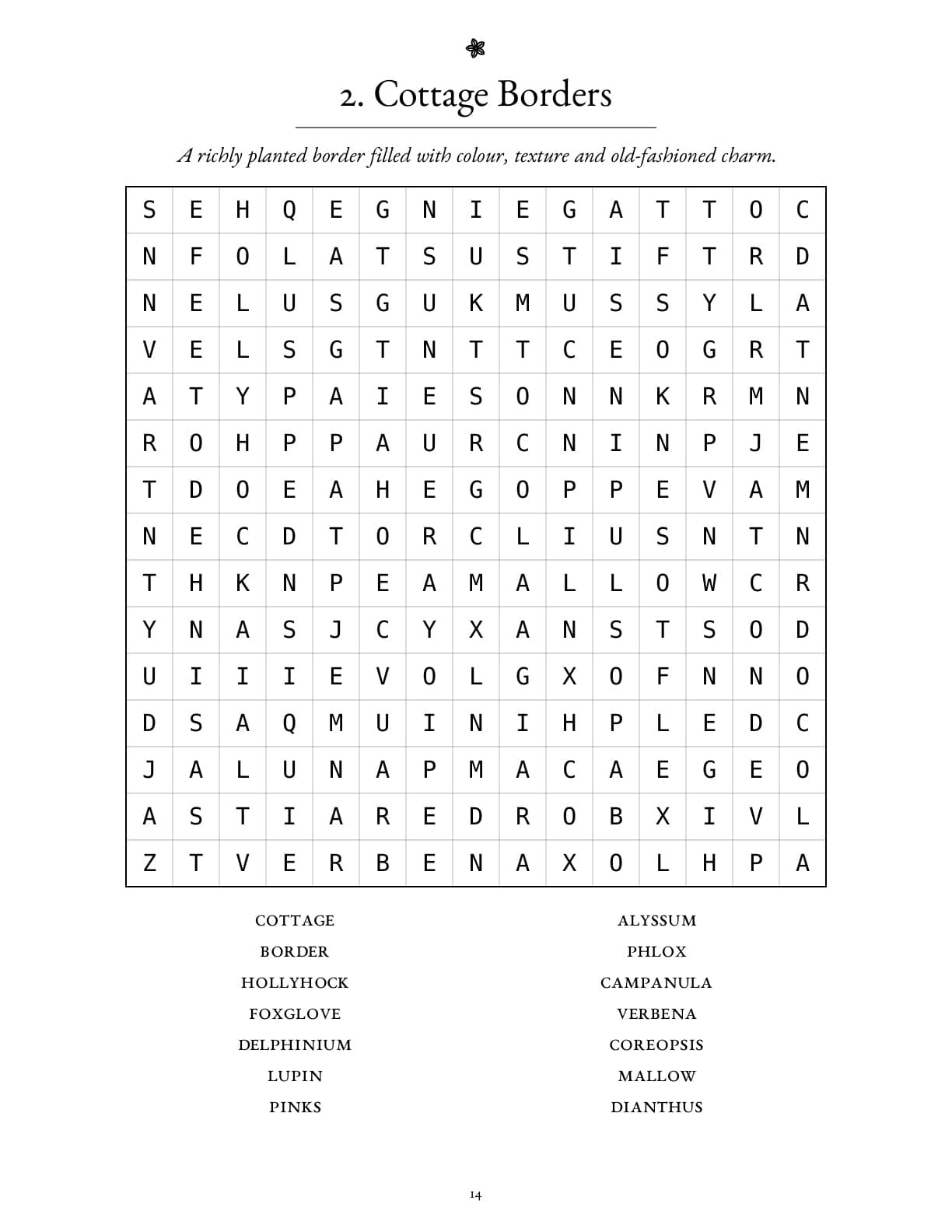 Page 14 of The Quiet Garden Word Search showing the Cottage Borders large-print puzzle.