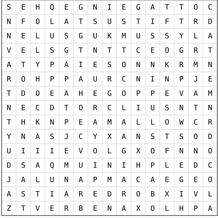 A close crop of the letter grid from a real The Quiet Garden puzzle page.