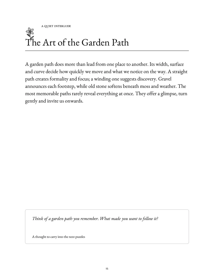 Page 12 of The Quiet Garden, showing the botanical interlude The Art of the Garden Path.