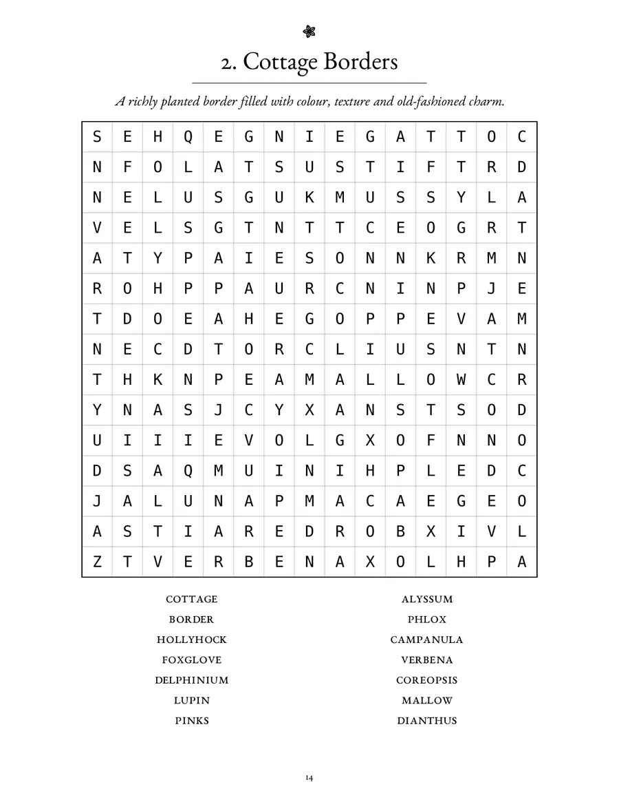 Page 14 of The Quiet Garden, showing a garden word search grid.