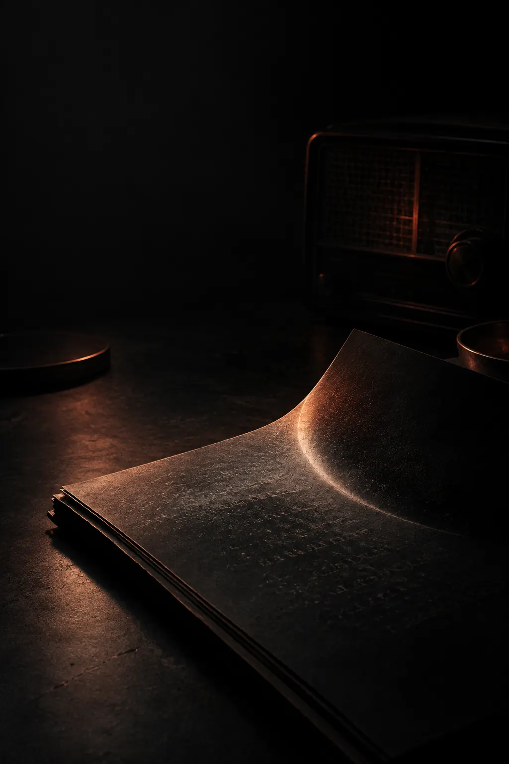 A dark 3D editorial render of a manuscript page and vintage radio for the F. J. Saint imprint.
